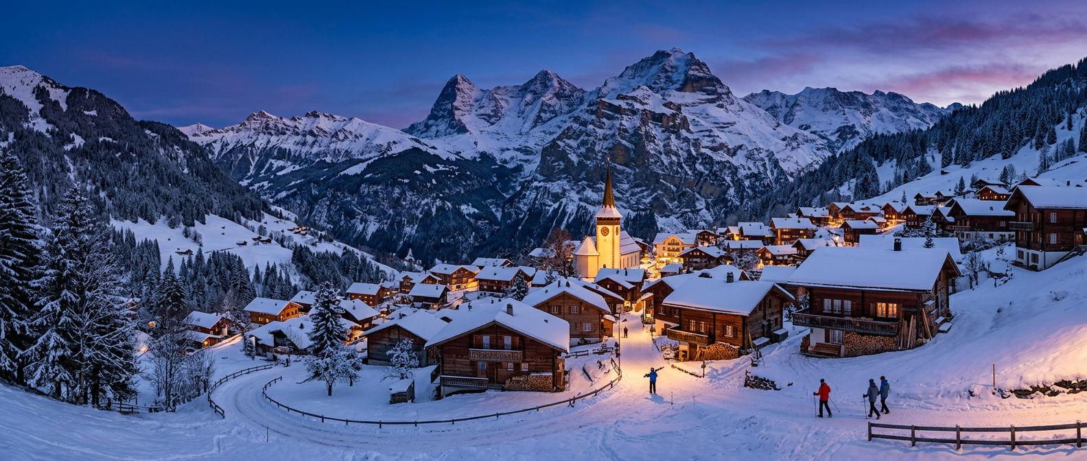 The village of Champagny at dusk under snowy peaks