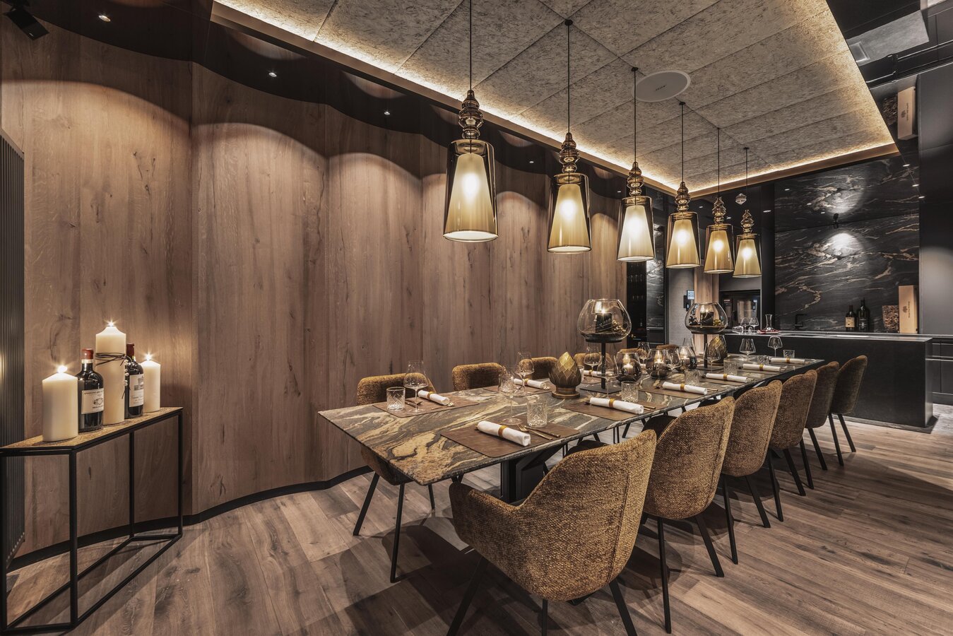 Wood-panelled dining room of the Alpenrose restaurant