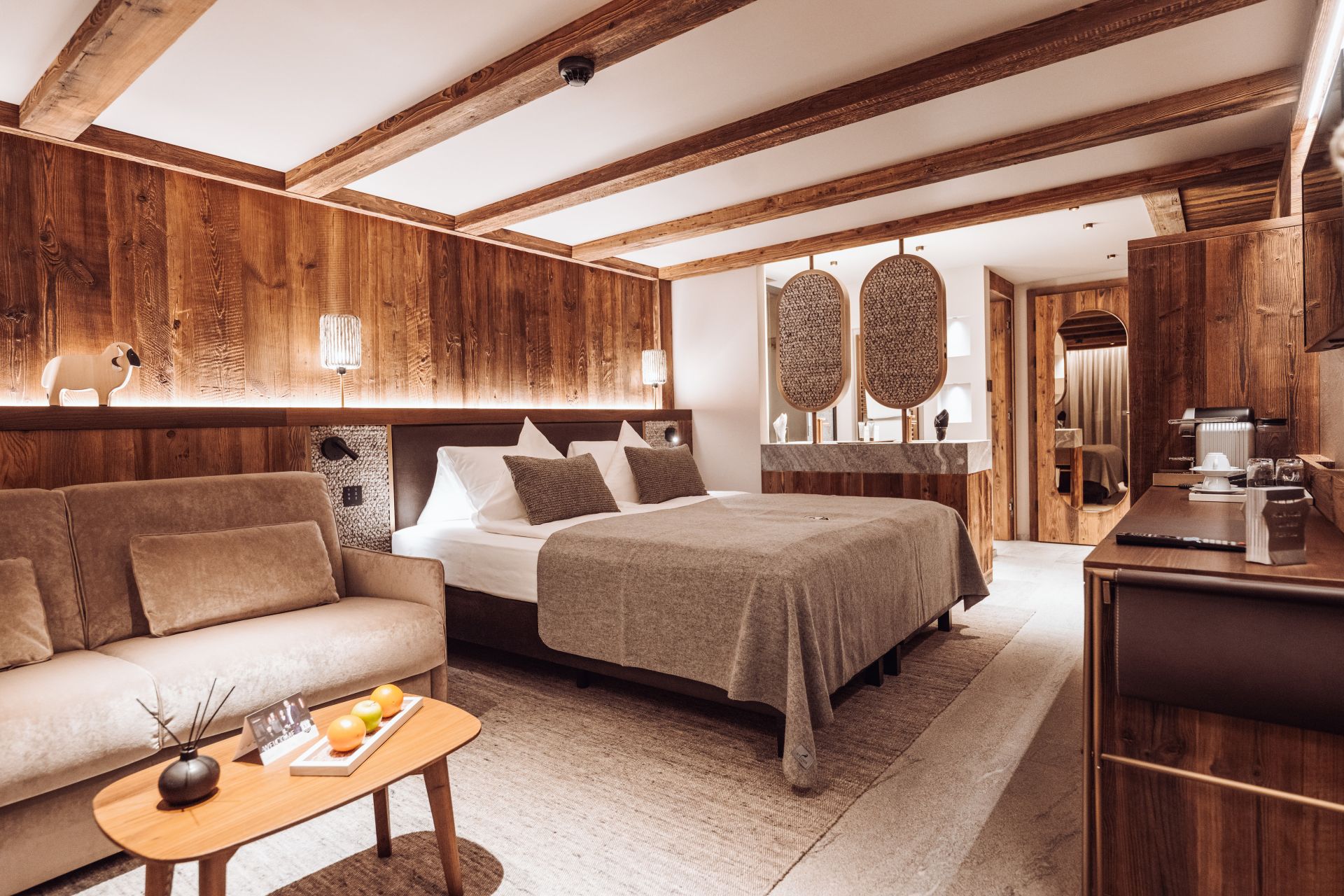 Cosy alpine bedroom with wooden walls